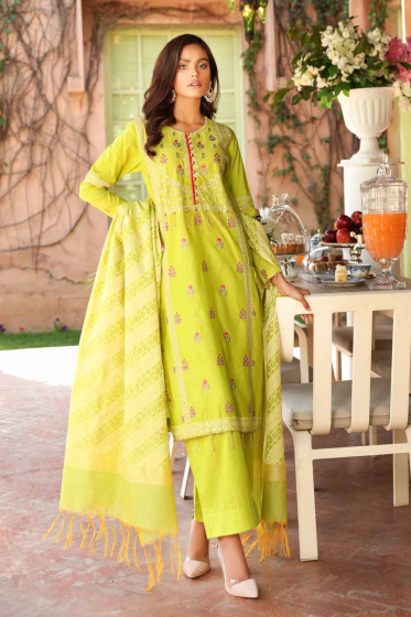 3 PC Unstitched Embroidered Lawn Suit with Jacquard Dupatta FE-12236